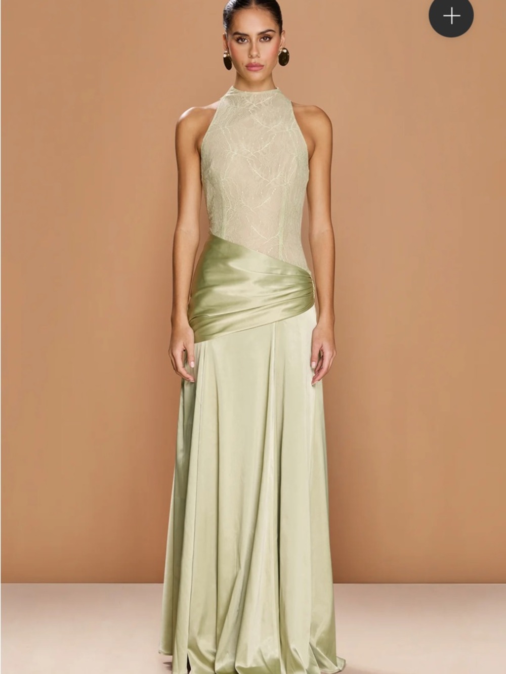 Satin & Lace Halter Maxi Dress in Pale Green